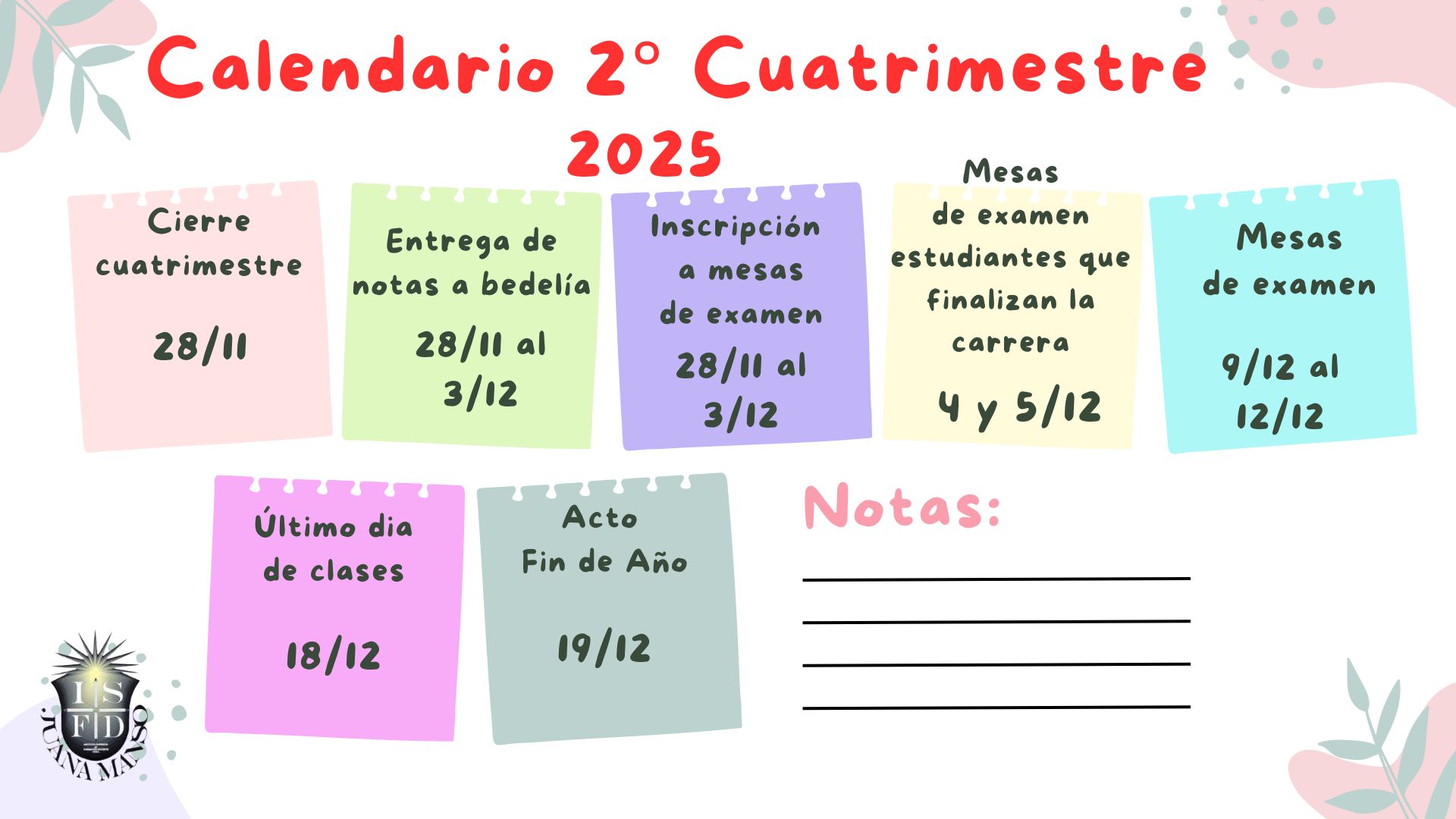 Calendario Académico 2° cuatrimestre 2025